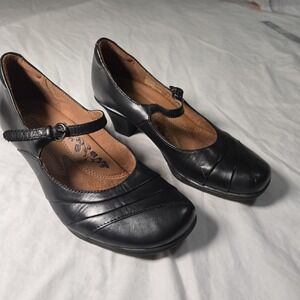 Earth Spirit Shoes Size 8 Black Leather Mary‎ Jane With Short Heel Scuff In Pics